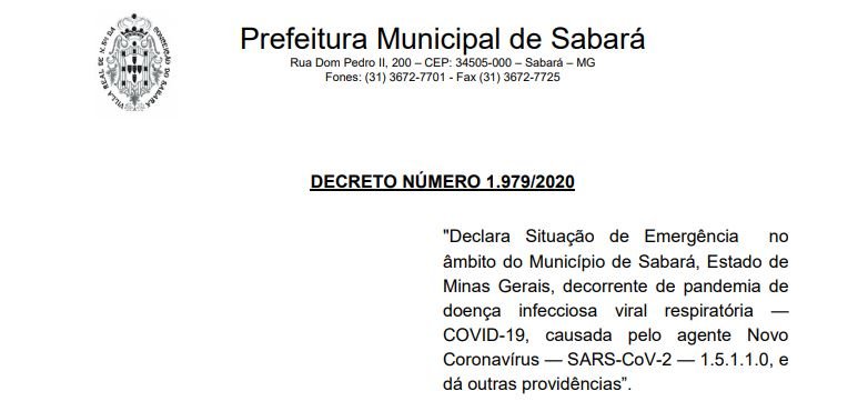 Prefeitura de Sabará decreta Situação de Emergência por causa do coronavírus
