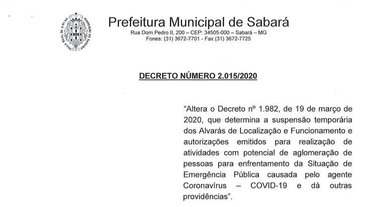 Prefeitura de Sabará determina novas regras para o funcionamento do comércio